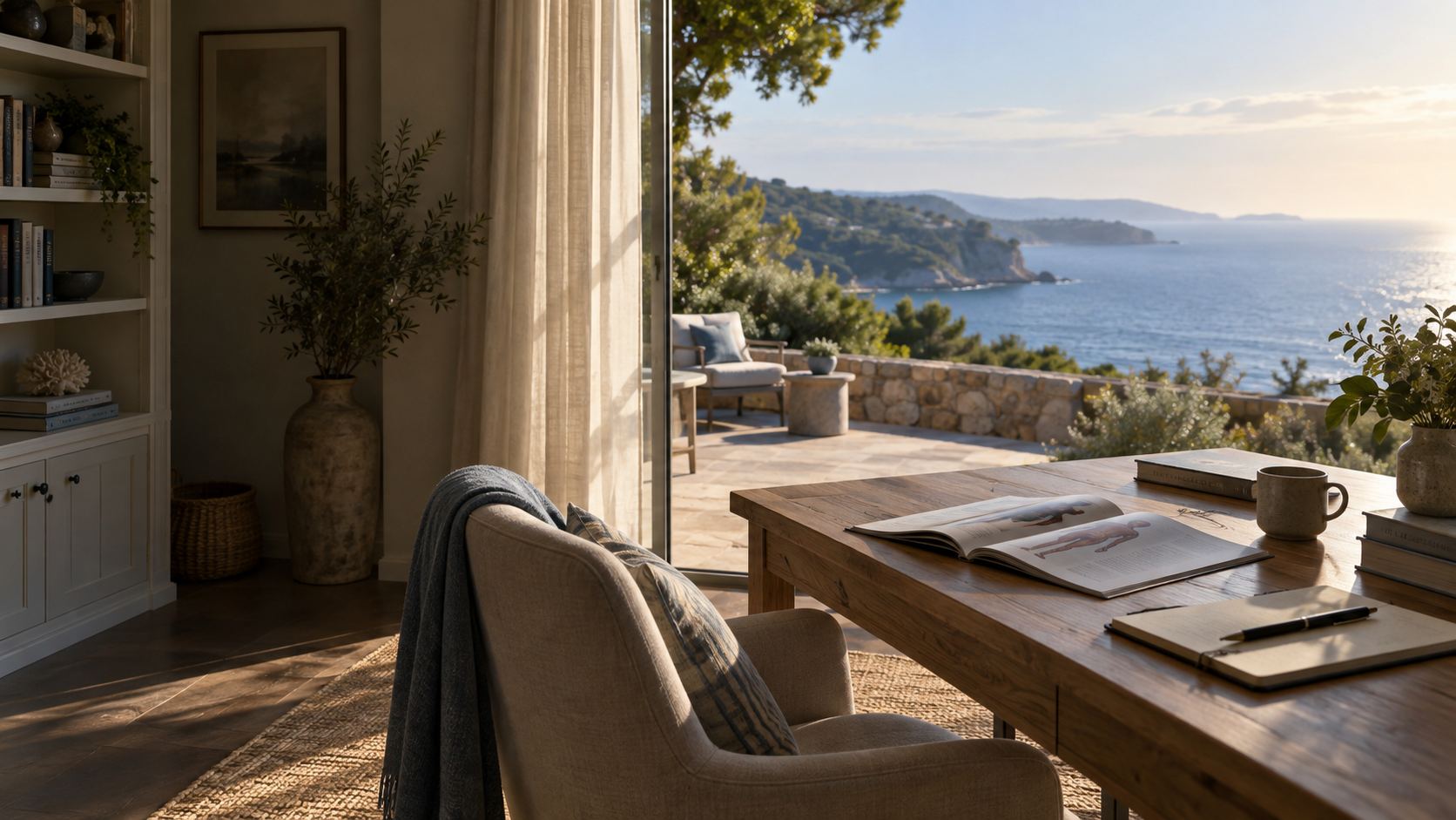 An open book and a quiet desk overlooking the coast
